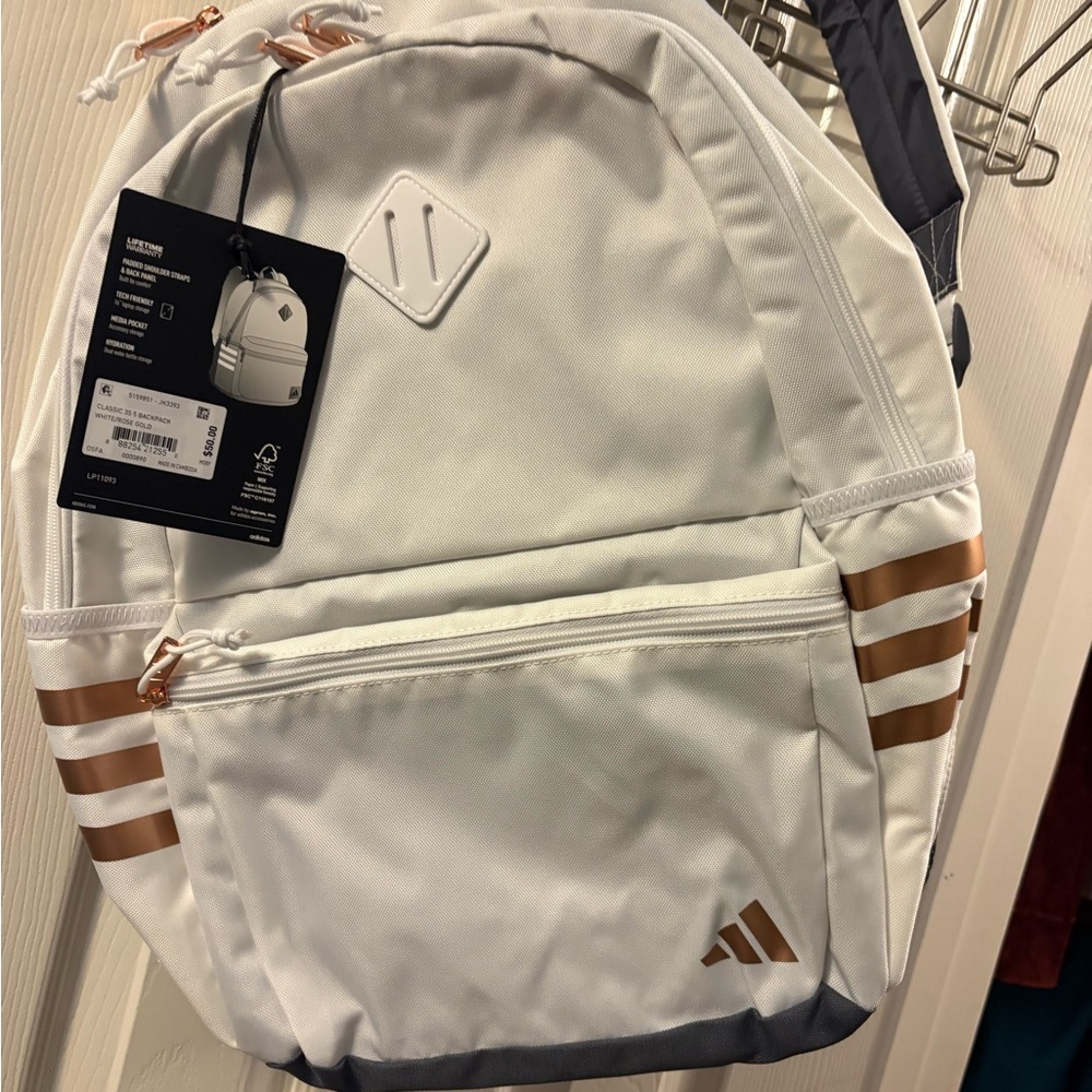 New Adidas Backpack in White with Gold Accents